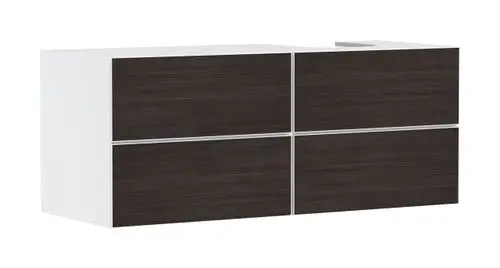 Weißer Waschtischunterschrank von Hansgrohe mit vier Schubkästen und einer rechteckigen Öffnung auf der Oberseite. Holzdesign kombiniert mit mattem Finish.